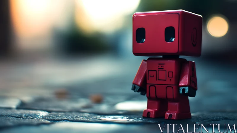 Shallow‑focus macro shot of red cubic toy robot on pavement.