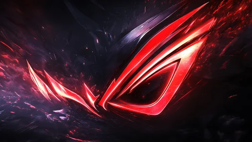 Glowing red gaming emblem over dark shattered background.