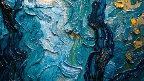 Thick blue and teal impasto strokes create textured surface