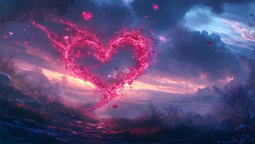 Luminescent Heart Formation with Neon Plasma Energy in Twilight Landscape