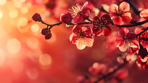 Luminous Plum Blossoms Backlit Against Warm Bokeh Gradient.