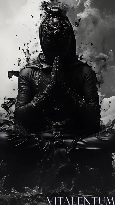 Shadow monk statue channels inky meditative power.