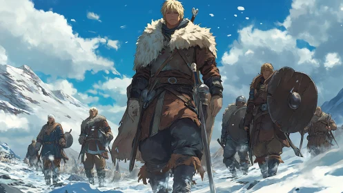 Viking warriors advance through a harsh winter pass.