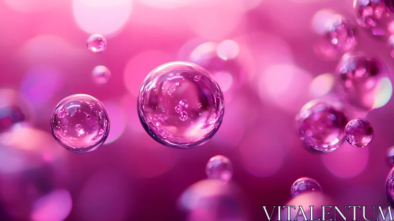Iridescent pink bubbles suspended in luminous bokeh field.