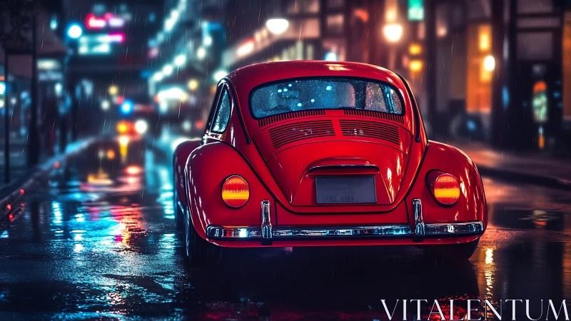 Crimson vintage car glows against a rainy neon city night