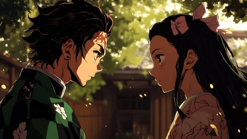 Anime siblings share a heartfelt gaze beneath soft sunlight.