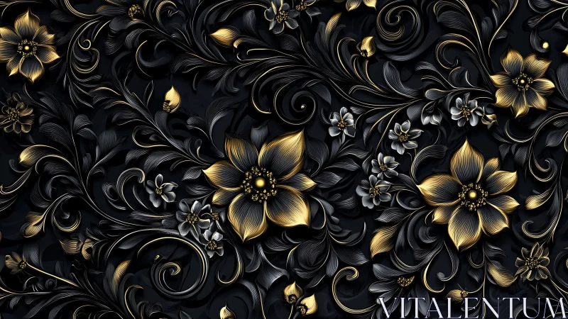 Ornate black background with embossed gold floral scrollwork