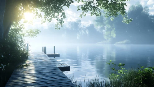 Wooden lakeside jetty extends into calm mist-covered water