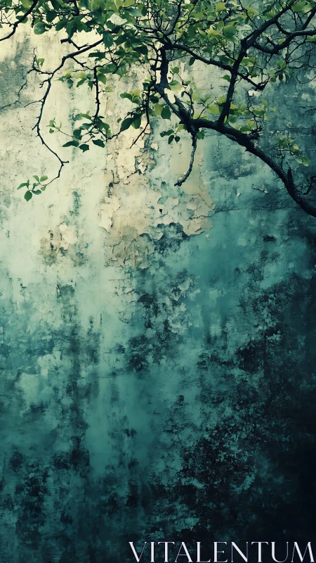 Weathered teal wall welcomes a graceful overhanging tree