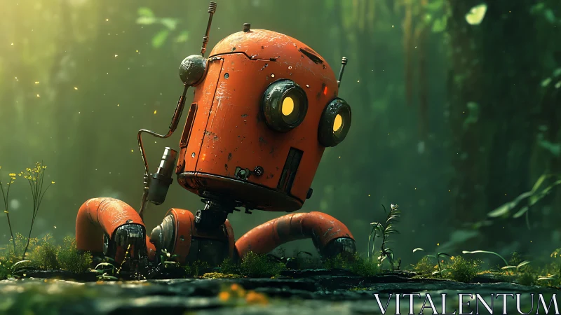 Melancholic orange forest robot rendered in soft volumetric light.