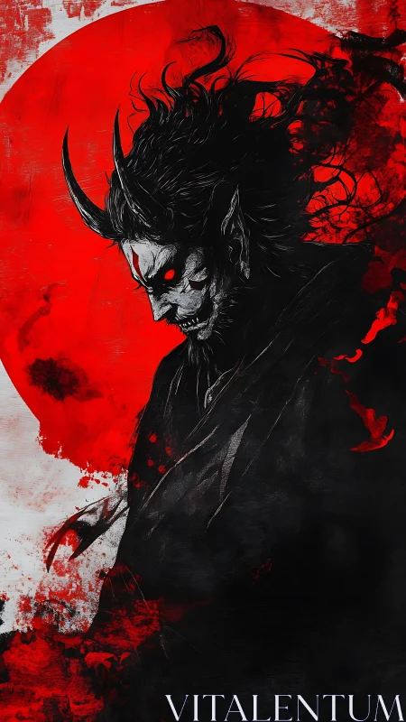 Blood-moon horned ronin smirking through swirling inkstorm.