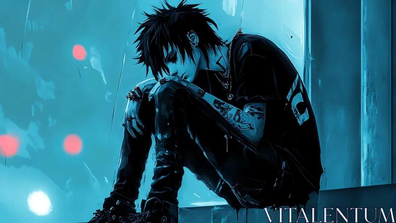 Melancholic punk figure rests alone in neon blue glow
