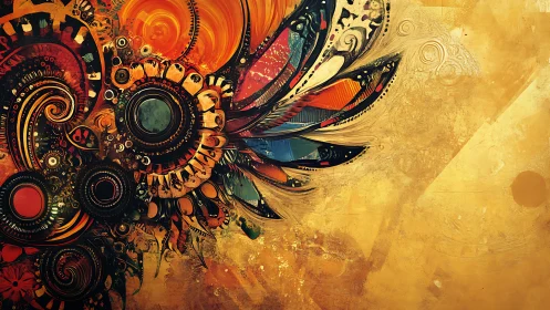 Abstract mechanical feathers in warm swirling motion.