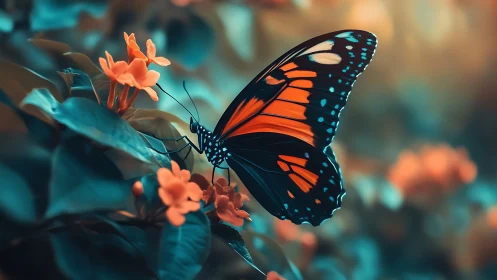 Macro study isolates vibrant butterfly on teal foliage