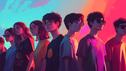 Group of teens in stylized neon sunset lighting lineup.