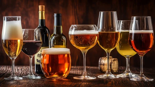 Craft beers and wines arranged on rustic wooden table.