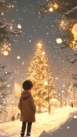 Backlit child observes illuminated snow-covered Christmas tree at dusk