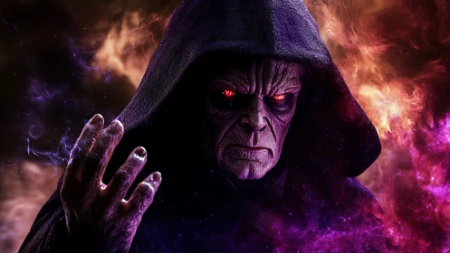 Hooded dark sorcerer conjuring cosmic violet flames.