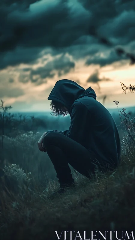 Hooded figure crouched in moody field under storm clouds.