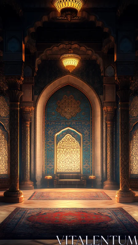 Ornate vaulted hall with central arch and illuminated niche.