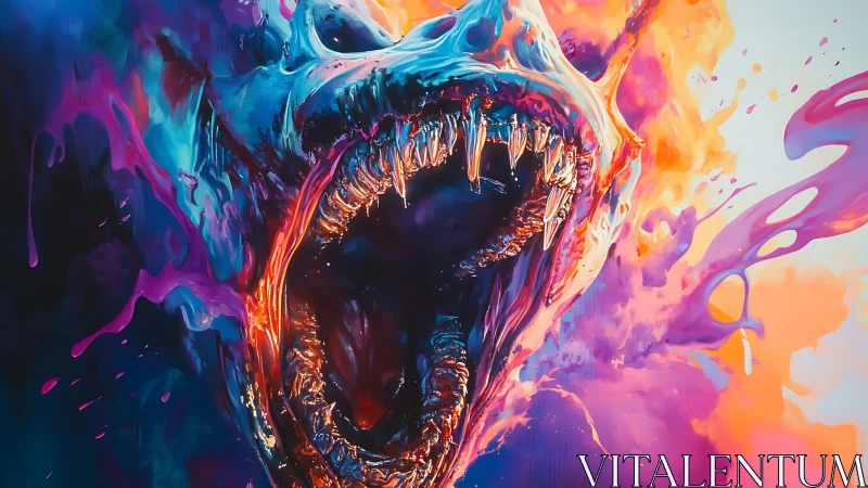 Chromatic fluid beast skull erupts with molten reflective fangs