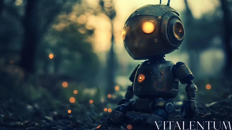 Lonely forest robot glows warmly in a dreamy twilight haze