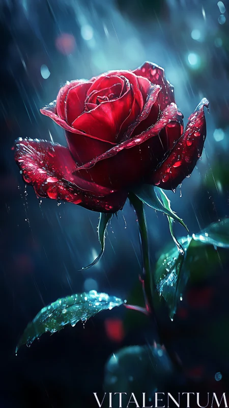 Single red rose is depicted under rainfall with wet surfaces