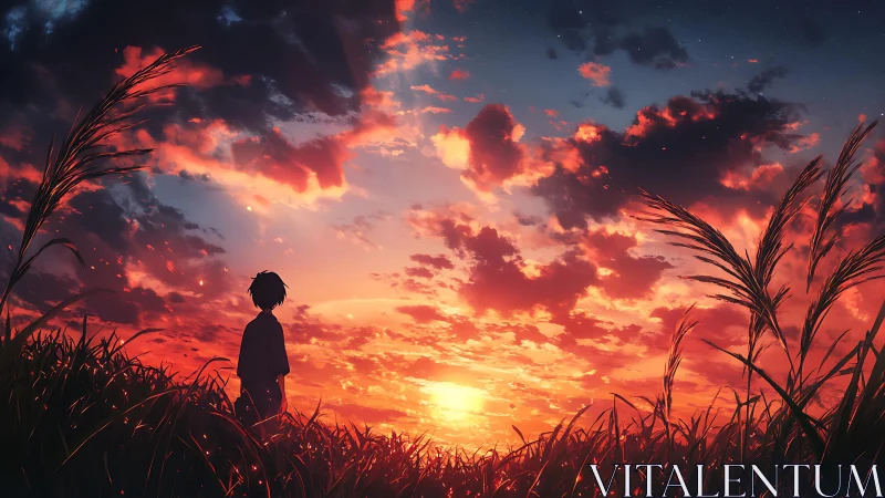 Solitary boy contemplates a blazing red sunset sky.