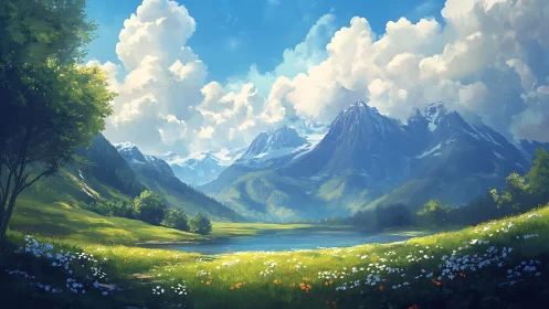 Mountain valley lake under cumulus cloud formation at noon.