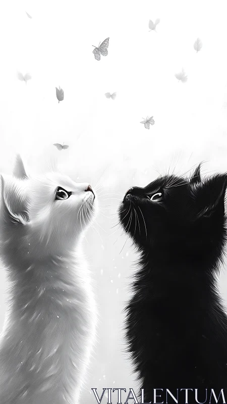 Two Cats Gazing at Butterflies in Monochrome Reverie