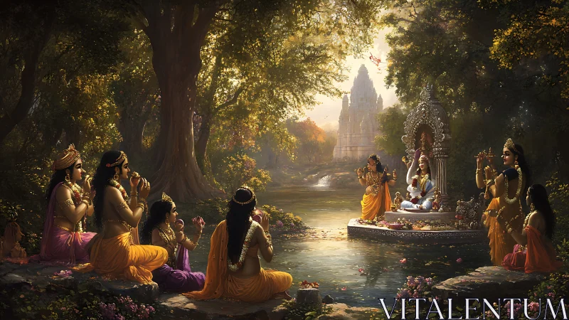 Divine riverfront worship beneath glowing forest canopy.