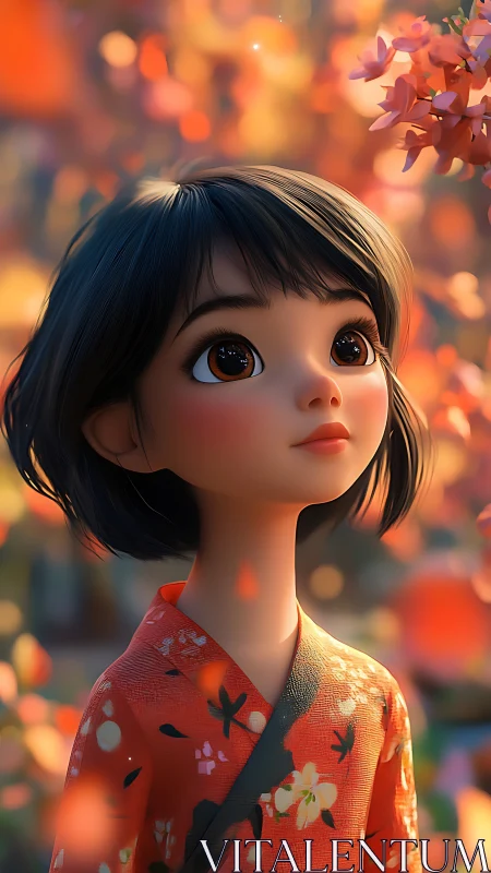 Gentle autumn daydream with a wide eyed kimono girl.