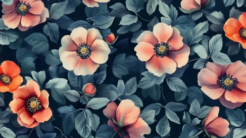 Floral composition with anemones and layered foliage on dark background.