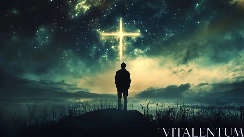 Stargazing soul beneath a glowing cross in the night sky.