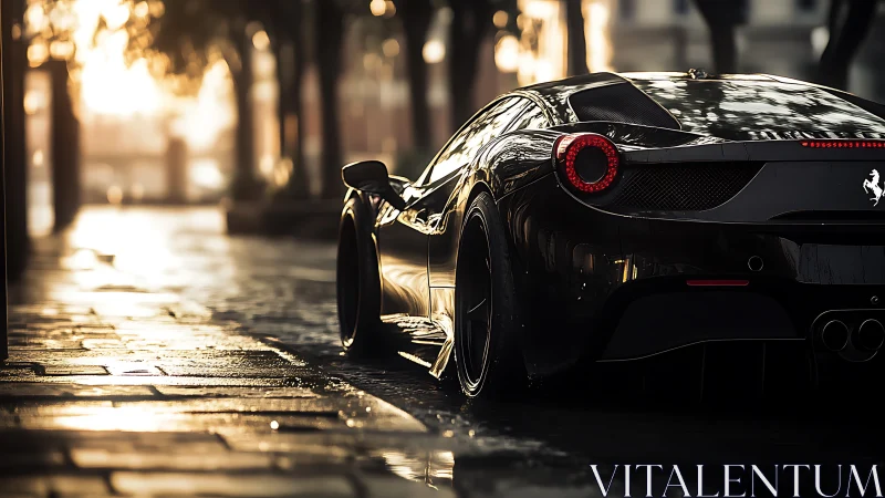 Sleek black supercar glows against a rain-soaked city sunset