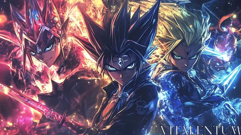 Elemental duelists command fire, shadow, water energy burst.