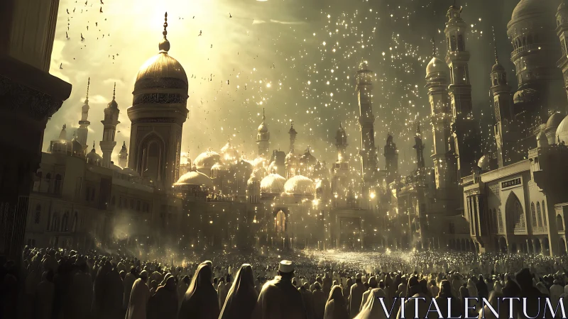 Luminous domed citadel under particulate celestial cascade.