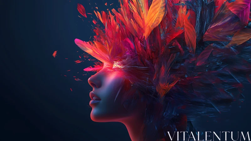 Neon-rendered female profile with fractal feather light burst