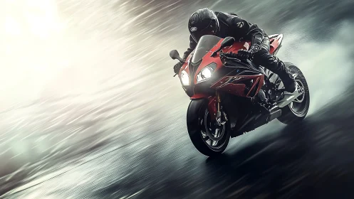 Sport motorcycle leans into wet track corner at high speed