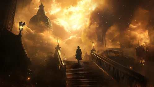 Solitary figure crossing illuminated bridge toward monumental domed structure