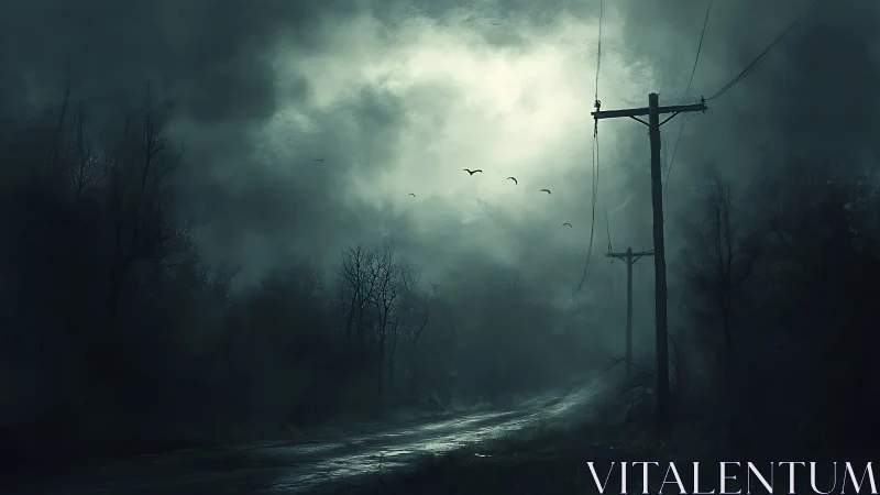 Foggy rural road with power lines under dark sky.