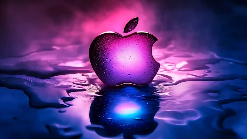 Glossy apple-shaped logo on wet reflective surface at night.