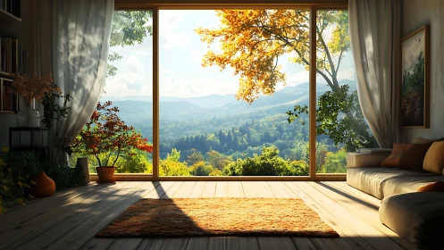 Sunlit living room frames panoramic autumn mountain view