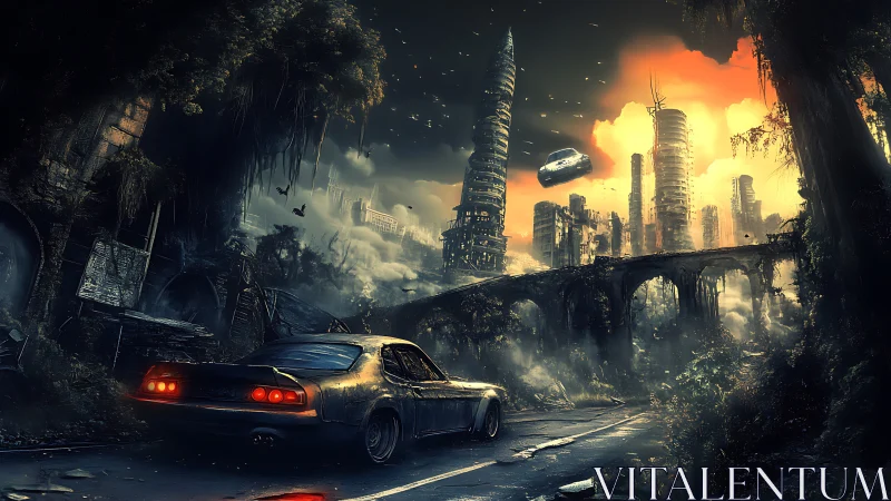 Rusting muscle car surveys decayed cyberpunk megacity at dusk