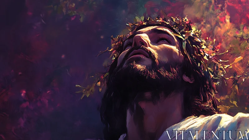 Bearded man with thorn crown gazes upward in vivid colors