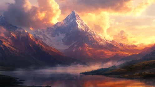 Mountain peak dominates sunset-lit valley and reflective lake