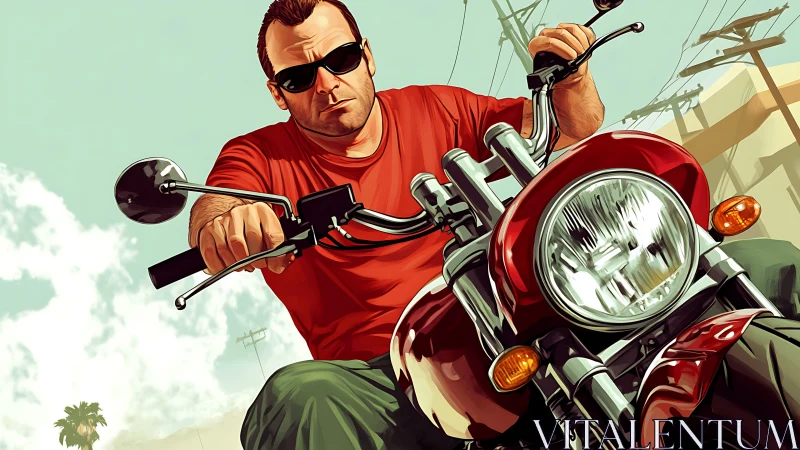 Motorcycle rider in red shirt under clear urban sky.