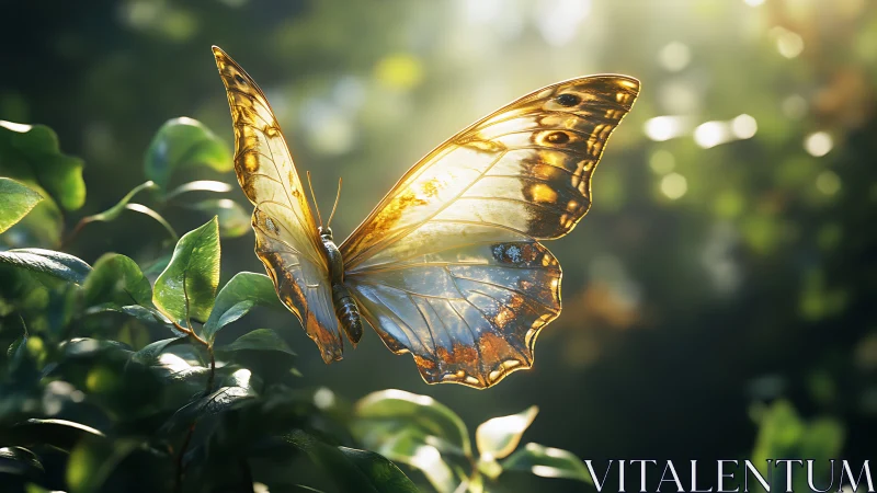Golden butterfly resting softly in a sunlit garden glow.