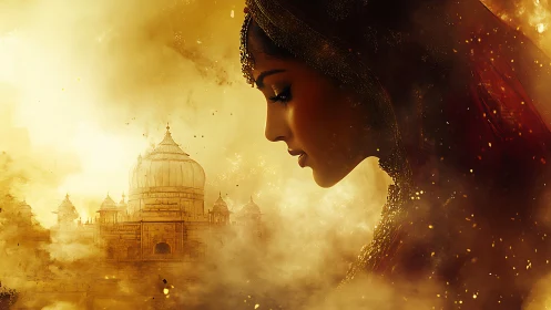 Golden particulate portrait overlaying domed temple architecture.