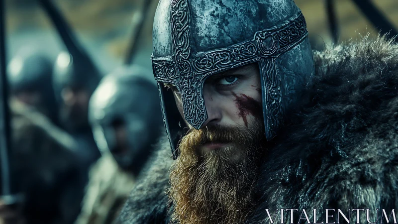 Viking warrior in ornate helmet stares forward in battle line